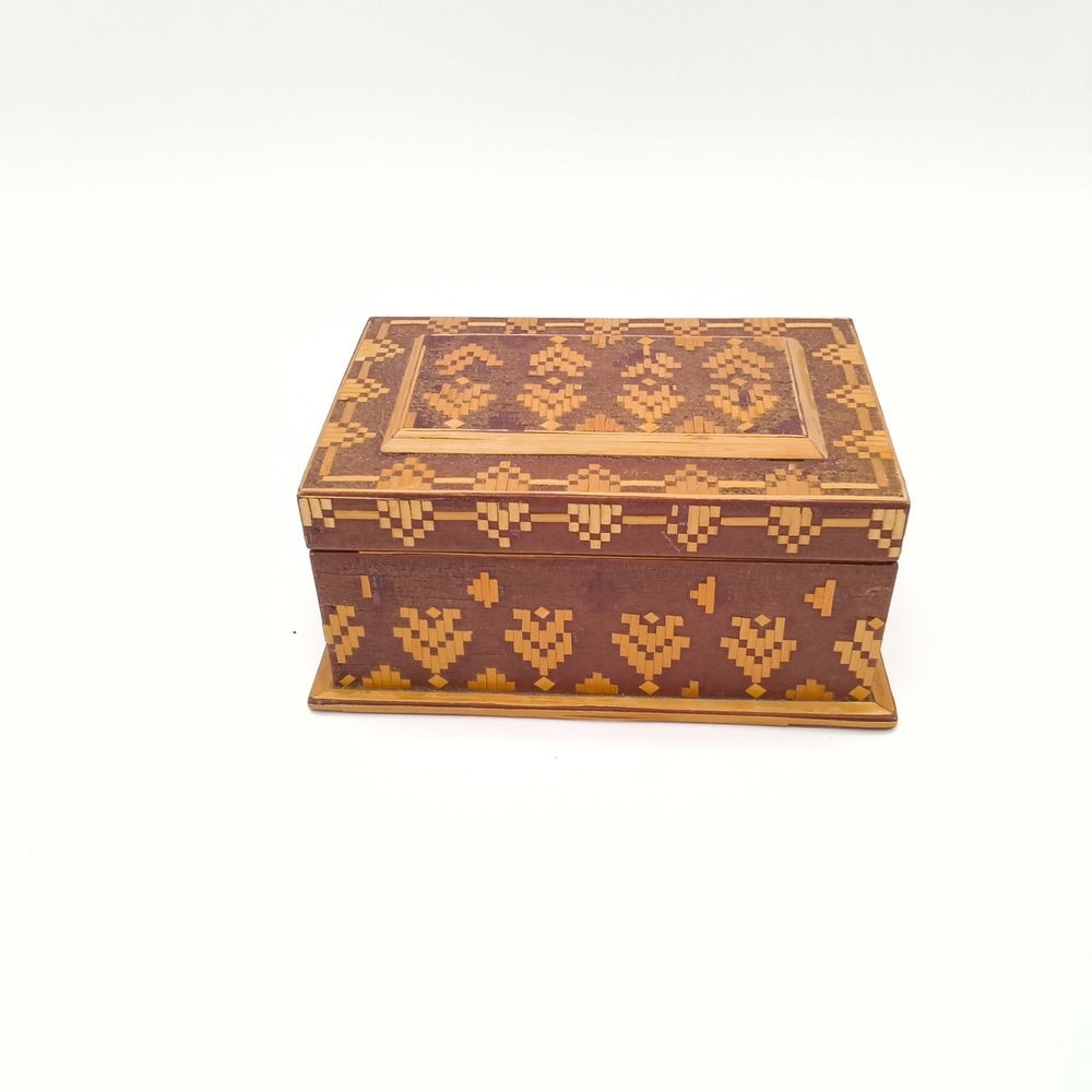 Vintage Soviet Folk Art Wooden Trinket Box - Straw Marquetry Inlay